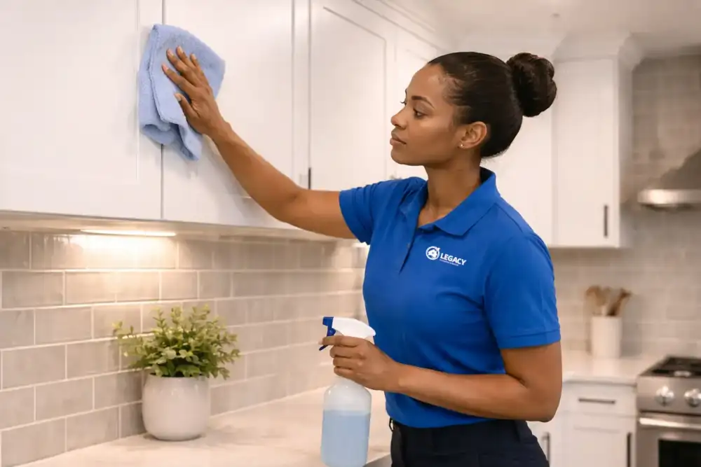 Legacy-Cleaning-Apartment-Cleaning Legacy maid cleaning kitchen cabinets during apartment cleaning