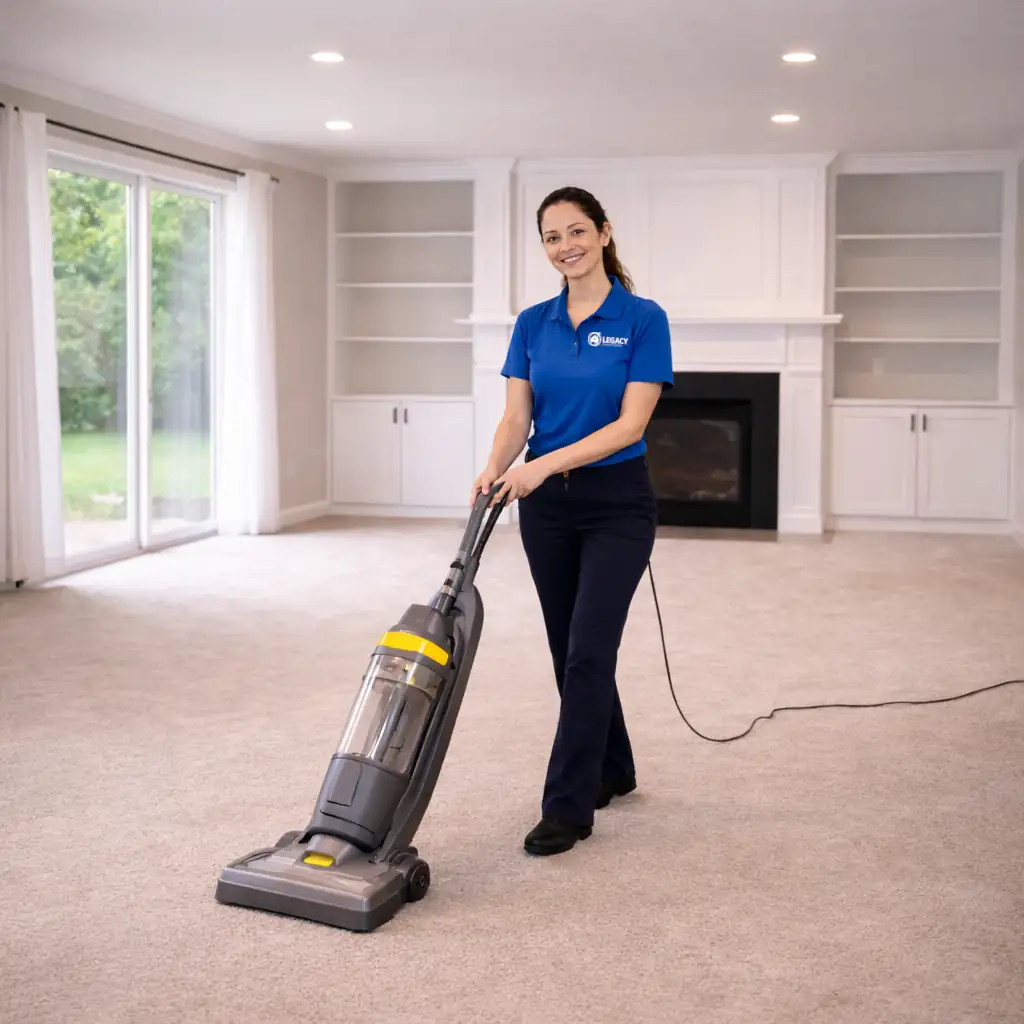 Woman in a blue uniform vacuuming a beige carpet in a bright living room with large glass doors.