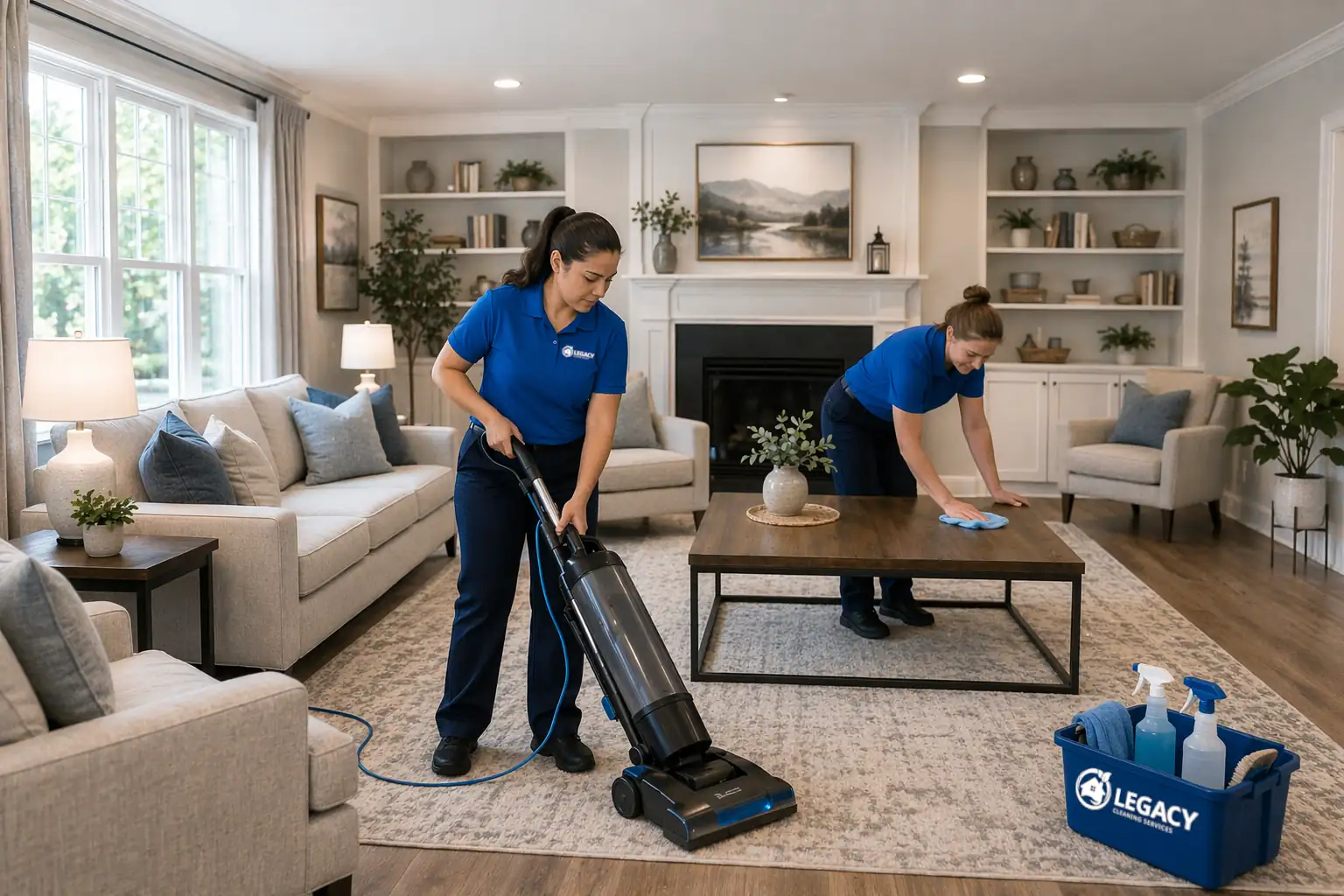 Cleaning team in living room